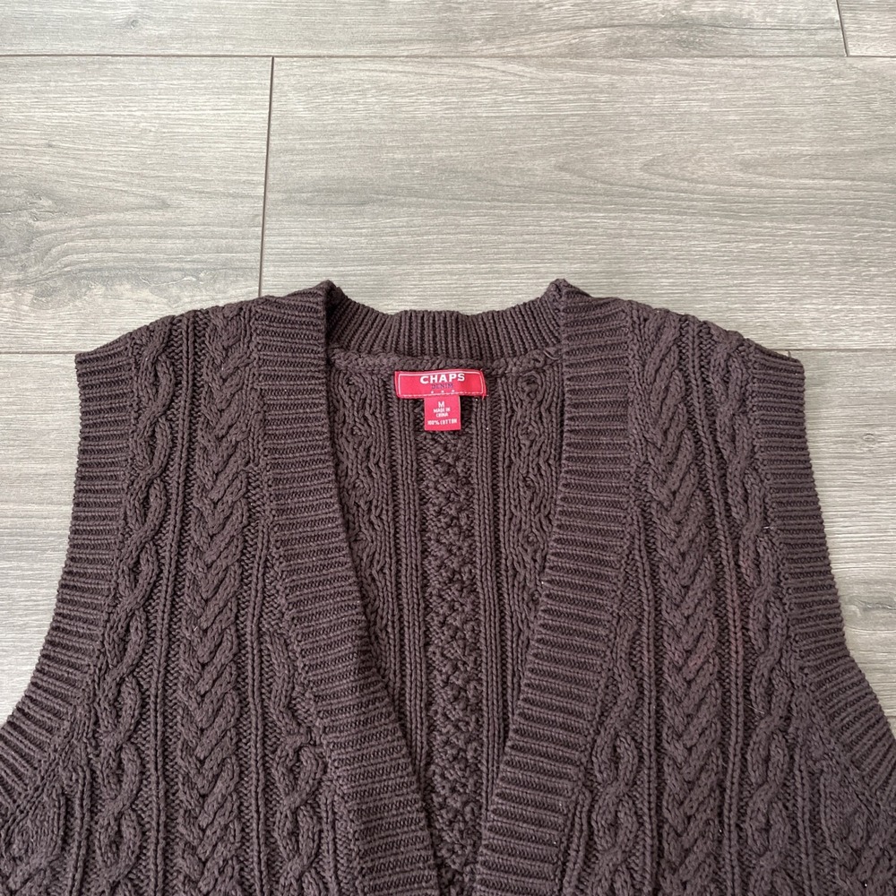 Chaps Cable Knit Cardigan Sweater Vest Brown Womens M Toggle Clasp - Picture 2 of 7